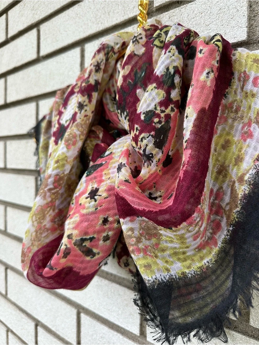 J. Jill Floral Gauze Scarf Black Fringe Boho Square Lightweight Wrap Cottagecore